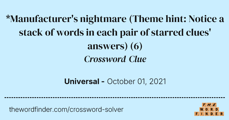 *Manufacturer's nightmare (Theme hint: Notice a stack of words in each pair of starred clues' answers) crossword clue image