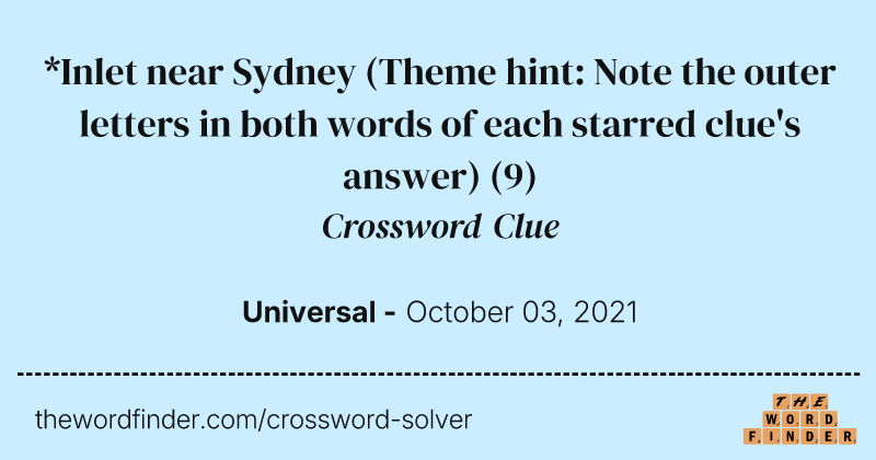 *Inlet near Sydney (Theme hint: Note the outer letters in both words of each starred clue's answer) crossword clue image