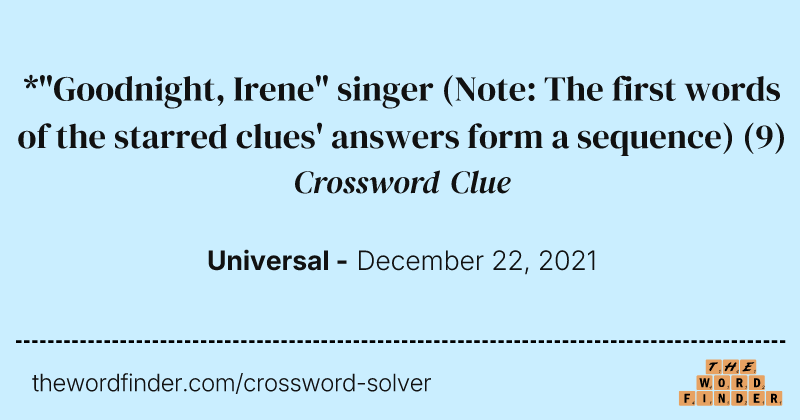 *"Goodnight, Irene" singer (Note: The first words of the starred clues' answers form a sequence) crossword clue image