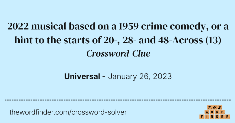 2022 musical based on a 1959 crime comedy, or a hint to the starts of 20-, 28- and 48-Across crossword clue image