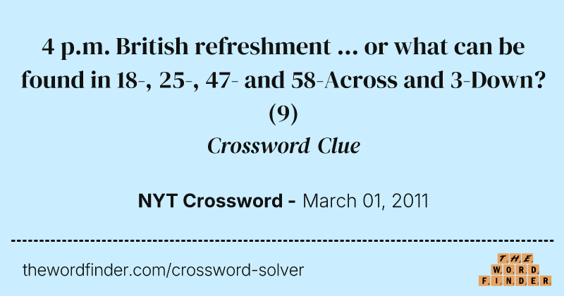 4 p.m. British refreshment ... or what can be found in 18-, 25-, 47- and 58-Across and 3-Down? crossword clue image