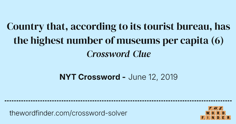Country that, according to its tourist bureau, has the highest number of museums per capita crossword clue image
