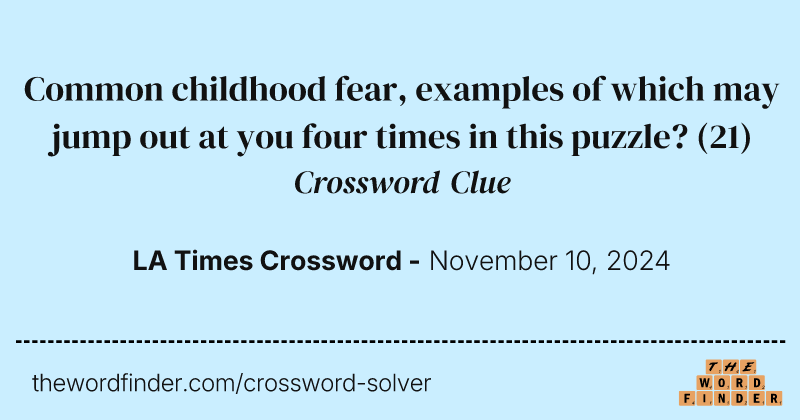 Common childhood fear, examples of which may jump out at you four times in this puzzle? crossword clue image