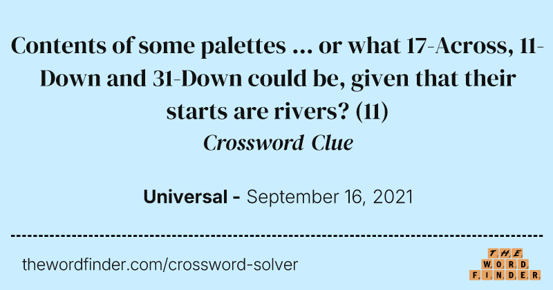 Contents of some palettes ... or what 17-Across, 11-Down and 31-Down could be, given that their starts are rivers? crossword clue image