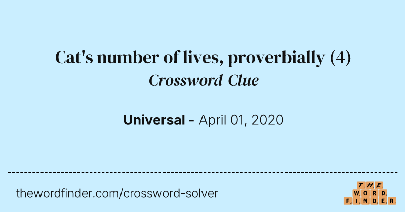 Cat's number of lives, proverbially crossword clue image