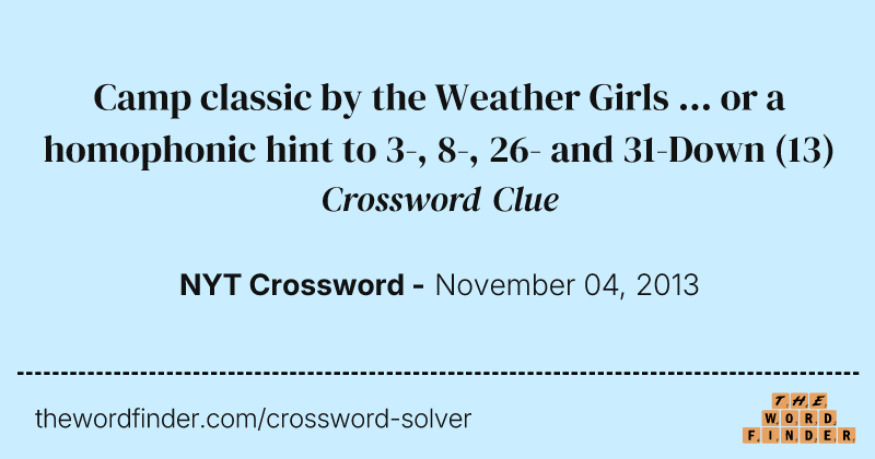 Camp classic by the Weather Girls ... or a homophonic hint to 3-, 8-, 26- and 31-Down crossword clue image