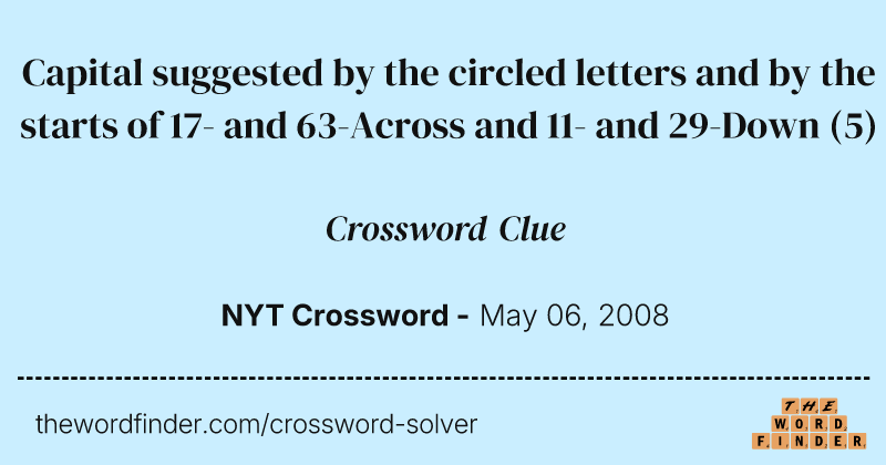 Capital suggested by the circled letters and by the starts of 17- and 63-Across and 11- and 29-Down crossword clue image