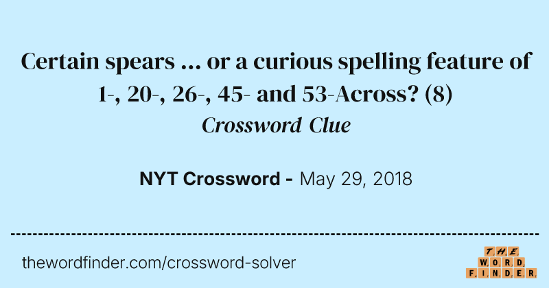 Certain spears ... or a curious spelling feature of 1-, 20-, 26-, 45- and 53-Across? crossword clue image