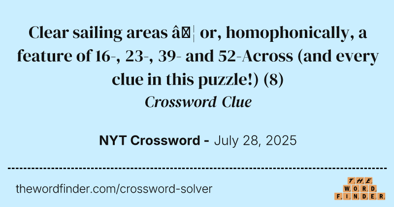 Clear sailing areas … or, homophonically, a feature of 16-, 23-, 39- and 52-Across (and every clue in this puzzle!) crossword clue image