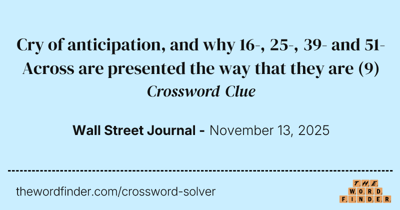 Cry of anticipation, and why 16-, 25-, 39- and 51-Across are presented the way that they are crossword clue image