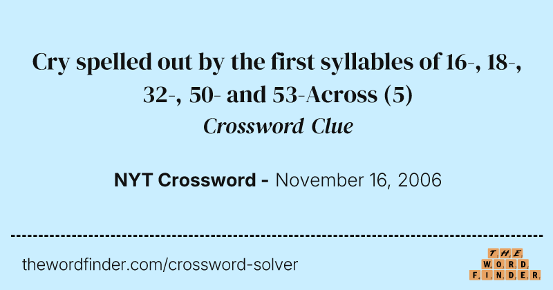 Cry spelled out by the first syllables of 16-, 18-, 32-, 50- and 53-Across crossword clue image