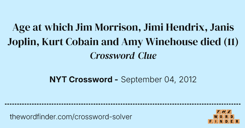 Age at which Jim Morrison, Jimi Hendrix, Janis Joplin, Kurt Cobain and Amy Winehouse died crossword clue image