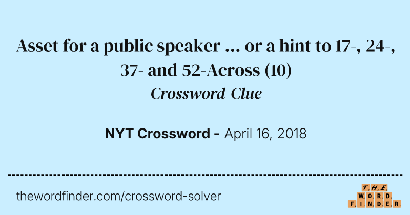 Asset for a public speaker ... or a hint to 17-, 24-, 37- and 52-Across crossword clue image