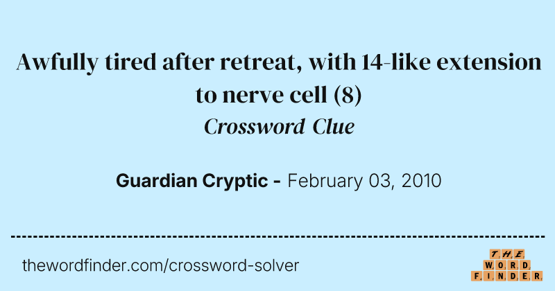Awfully tired after retreat, with 14-like extension to nerve cell crossword clue image