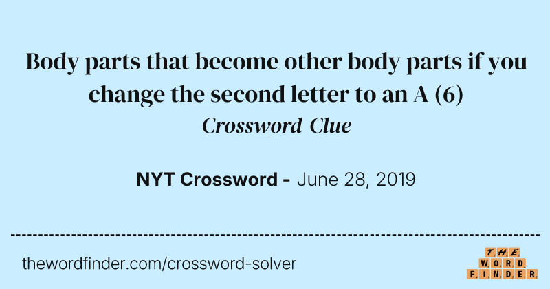 Body parts that become other body parts if you change the second letter to an A crossword clue image