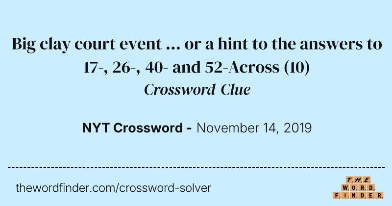 Big clay court event ... or a hint to the answers to 17-, 26-, 40- and 52-Across crossword clue image