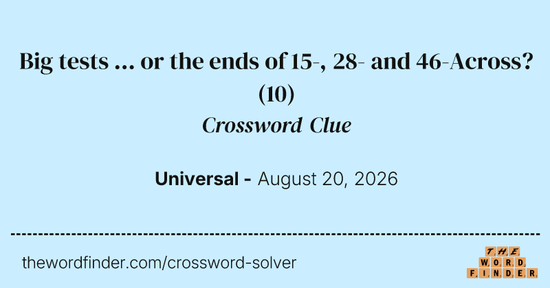 Big tests ... or the ends of 15-, 28- and 46-Across? crossword clue image