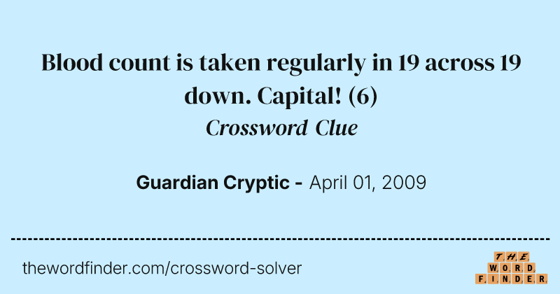 Blood count is taken regularly in 19 across 19 down. Capital! crossword clue image