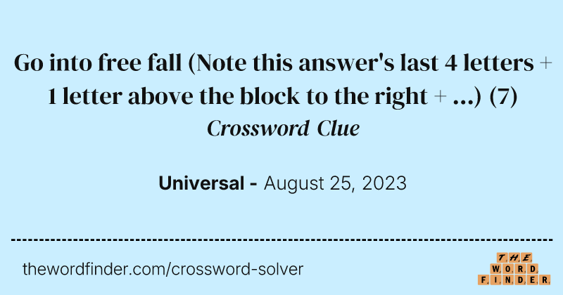Go into free fall (Note this answer's last 4 letters + 1 letter above the block to the right + ...) crossword clue image