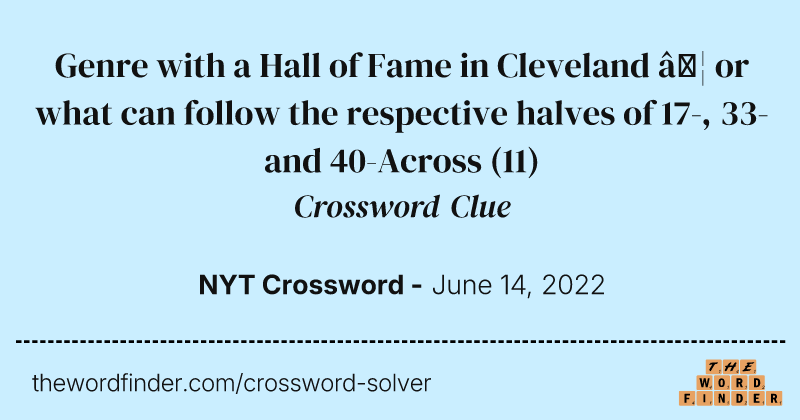 Genre with a Hall of Fame in Cleveland … or what can follow the respective halves of 17-, 33- and 40-Across crossword clue image