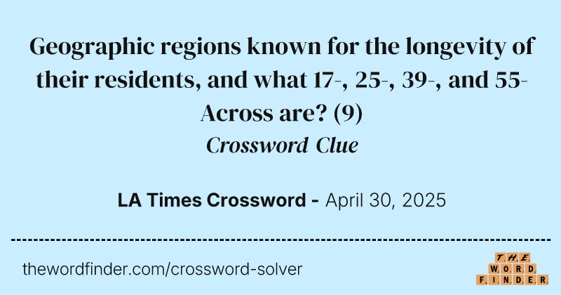 Geographic regions known for the longevity of their residents, and what 17-, 25-, 39-, and 55-Across are? crossword clue image