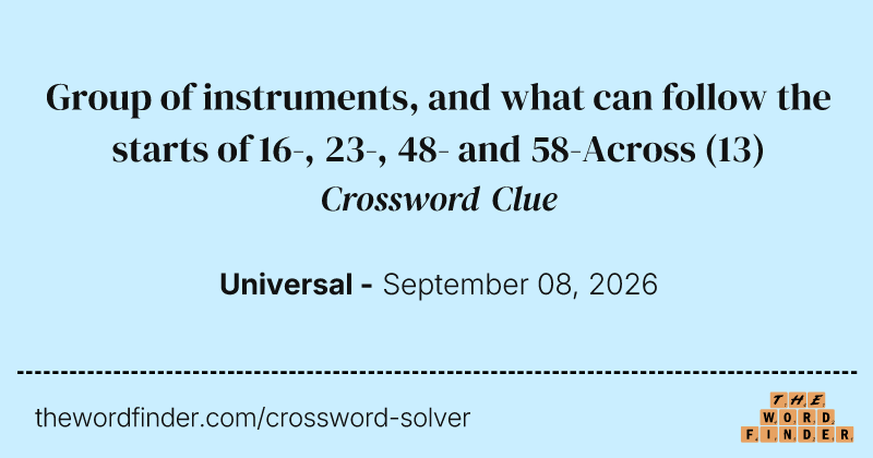 Group of instruments, and what can follow the starts of 16-, 23-, 48- and 58-Across crossword clue image