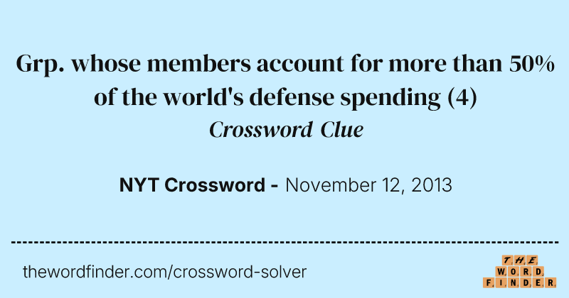 Grp. whose members account for more than 50% of the world's defense spending crossword clue image