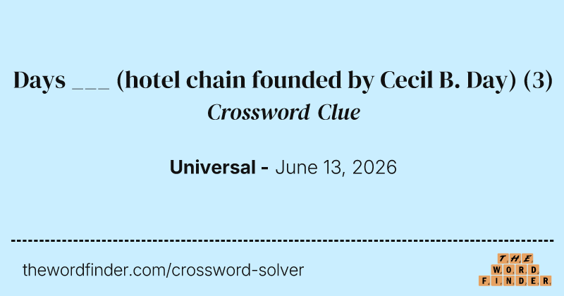 Days ___ (hotel chain founded by Cecil B. Day) crossword clue image