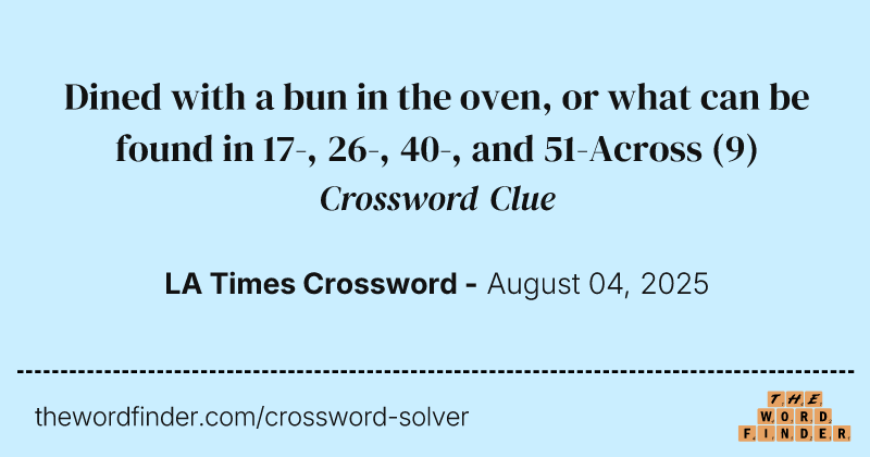 Dined with a bun in the oven, or what can be found in 17-, 26-, 40-, and 51-Across crossword clue image