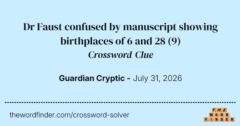 Dr Faust confused by manuscript showing birthplaces of 6 and 28 crossword clue image