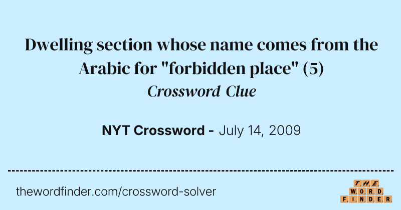 Dwelling section whose name comes from the Arabic for "forbidden place" crossword clue image