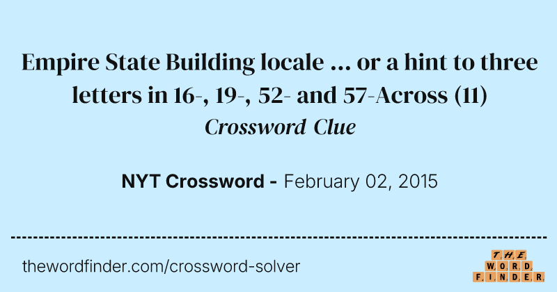 Empire State Building locale ... or a hint to three letters in 16-, 19-, 52- and 57-Across crossword clue image