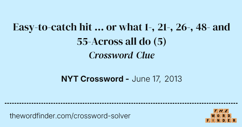 Easy-to-catch hit ... or what 1-, 21-, 26-, 48- and 55-Across all do crossword clue image