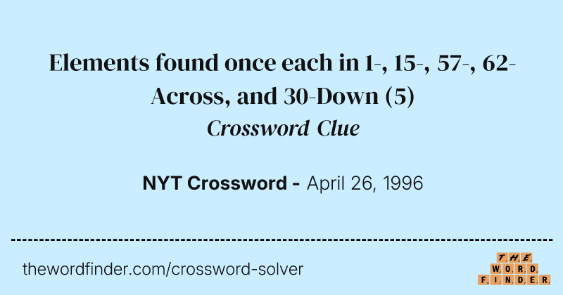 Elements found once each in 1-, 15-, 57-, 62-Across, and 30-Down crossword clue image