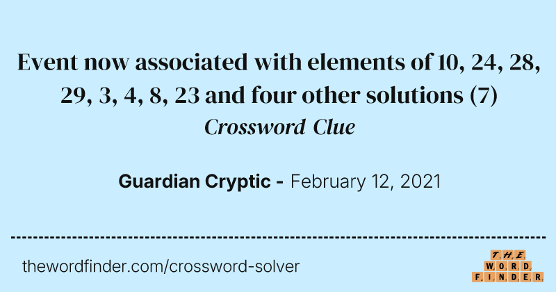 Event now associated with elements of 10, 24, 28, 29, 3, 4, 8, 23 and four other solutions crossword clue image