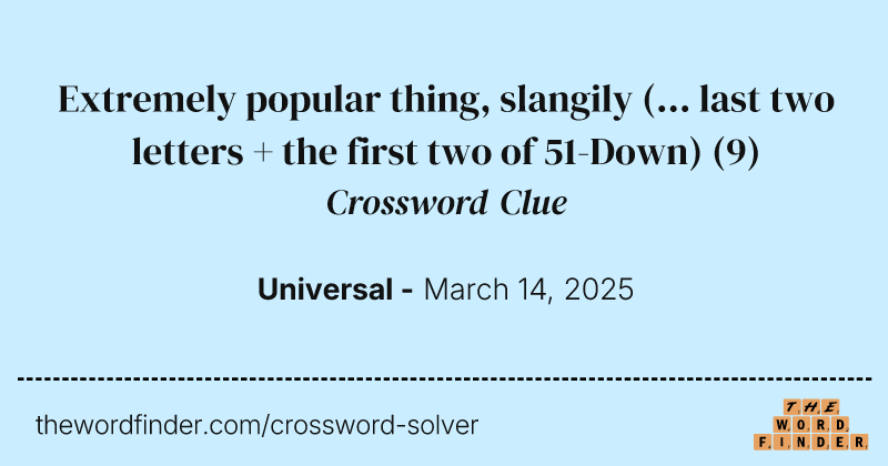Extremely popular thing, slangily (... last two letters + the first two of 51-Down) crossword clue image