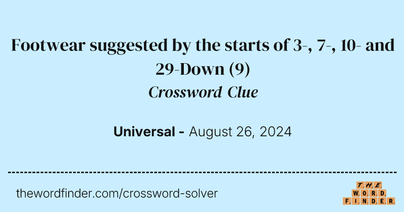 Footwear suggested by the starts of 3-, 7-, 10- and 29-Down crossword clue image