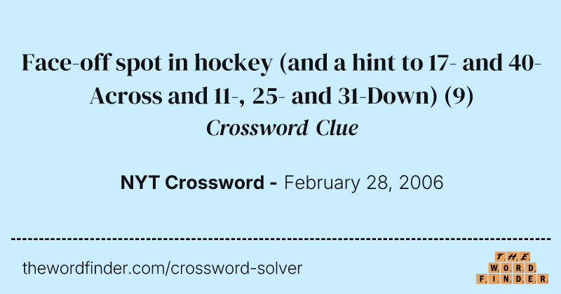 Face-off spot in hockey (and a hint to 17- and 40-Across and 11-, 25- and 31-Down) crossword clue image