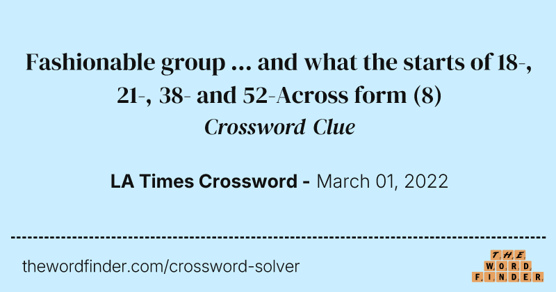 Fashionable group ... and what the starts of 18-, 21-, 38- and 52-Across form crossword clue image