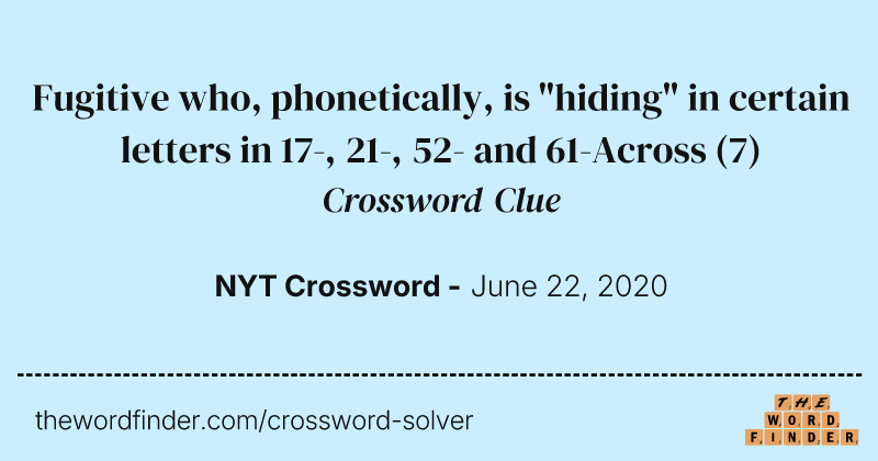 Fugitive who, phonetically, is "hiding" in certain letters in 17-, 21-, 52- and 61-Across crossword clue image