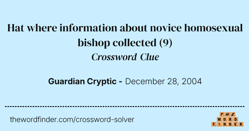 Hat where information about novice homosexual bishop collected crossword clue image