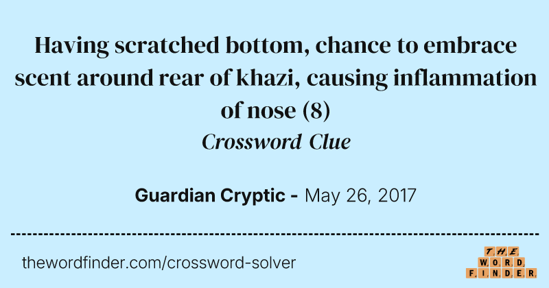 Having scratched bottom, chance to embrace scent around rear of khazi, causing inflammation of nose crossword clue image