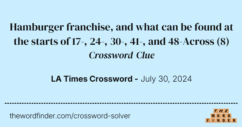 Hamburger franchise, and what can be found at the starts of 17-, 24-, 30-, 41-, and 48-Across crossword clue image