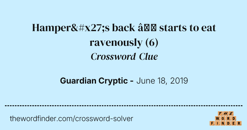 Hamper's back — starts to eat ravenously crossword clue image