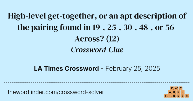High-level get-together, or an apt description of the pairing found in 19-, 25-, 30-, 48-, or 56-Across? crossword clue image