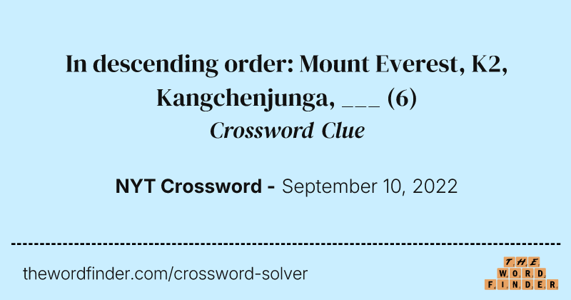 In descending order: Mount Everest, K2, Kangchenjunga, ___ crossword clue image