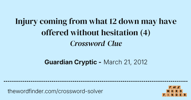 Injury coming from what 12 down may have offered without hesitation crossword clue image