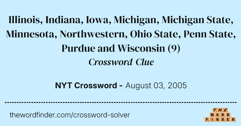 Illinois, Indiana, Iowa, Michigan, Michigan State, Minnesota, Northwestern, Ohio State, Penn State, Purdue and Wisconsin crossword clue image