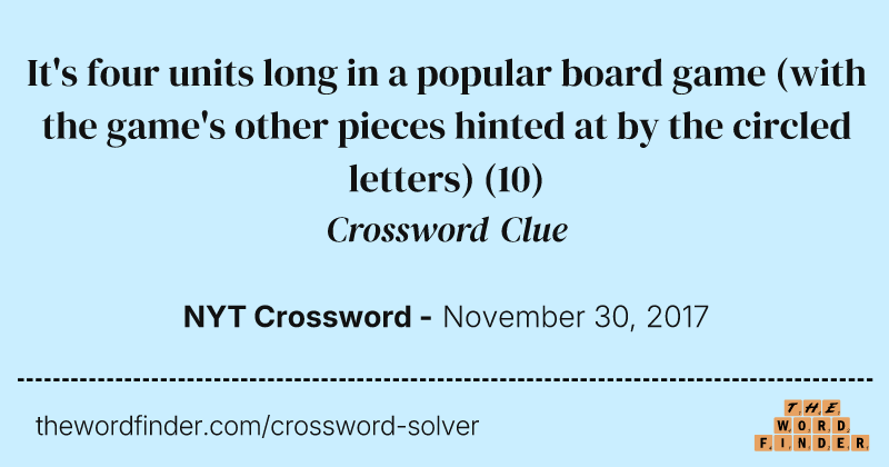 It's four units long in a popular board game (with the game's other pieces hinted at by the circled letters) crossword clue image