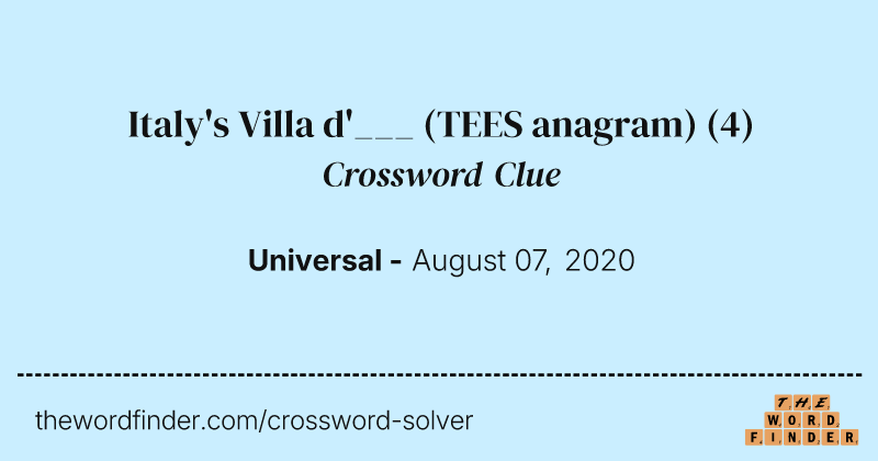 Italy's Villa d'___ (TEES anagram) crossword clue image